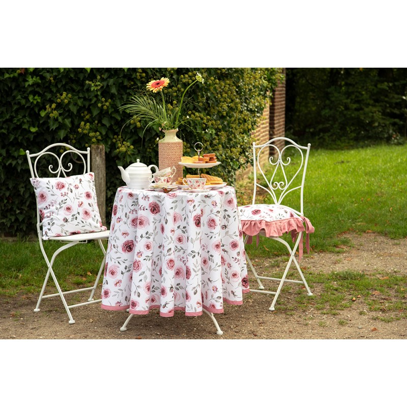 Clayre & Eef Table Runner 50x140 cm White Pink Cotton Rectangle Roses