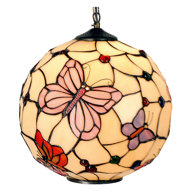 LumiLamp Hanglamp Tiffany 5LL-1169 Ø 30*30 cm Beige Roze Metaal Glas Rond Vlinder Hanglamp Eettafel Hanglampen Eetkamer