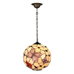 LumiLamp Hanglamp Tiffany 5LL-1169 Ø 30*30 cm E27/max 1*60W Creme Roze Metaal Glas Rond vlinder Hanglamp Eettafel