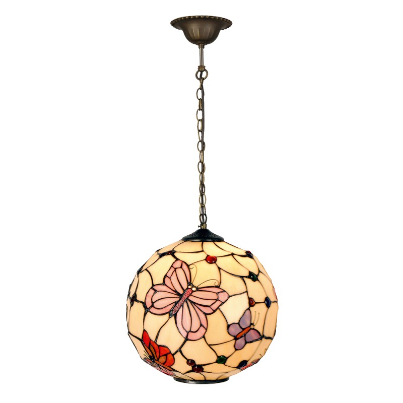 2LumiLamp Hanglamp Tiffany 5LL-1169 Ø 30*30 cm Beige Roze Metaal Glas Rond Vlinder Hanglamp Eettafel Hanglampen Eetkamer