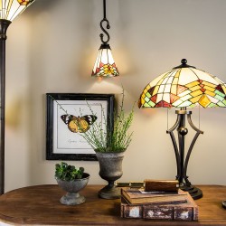 LumiLamp Hanglamp Tiffany 5LL-5965 Ø 15*119 cm E14/max 1*60W Beige Groen Rood Glas in lood Geen vorm Art Deco Hanglamp Eettafel