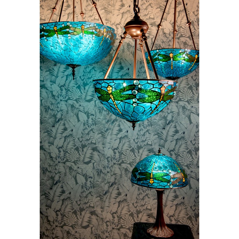 LumiLamp Lampada a Sospensione Tiffany Ø 41x170cm  Blu Verde Metallo Vetro Libellula