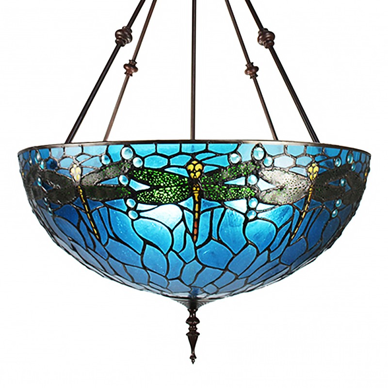 LumiLamp Lampada a Sospensione Tiffany Ø 61x190 cm  Blu Verde Metallo Vetro Libellula