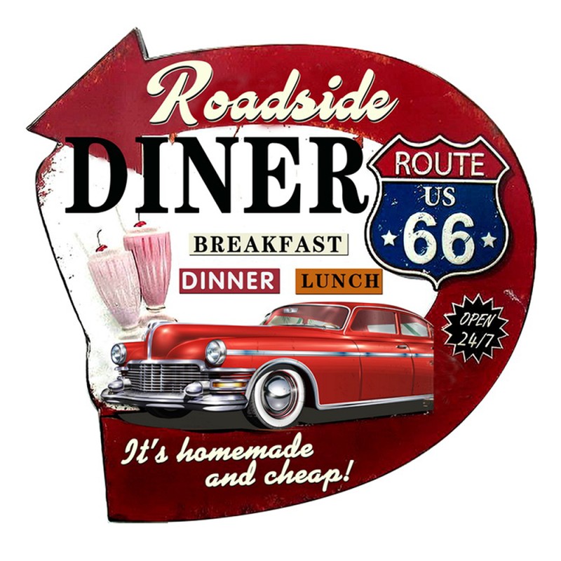 Clayre & Eef Plaque de texte 56x54 cm Rouge Fer Voiture Route 66