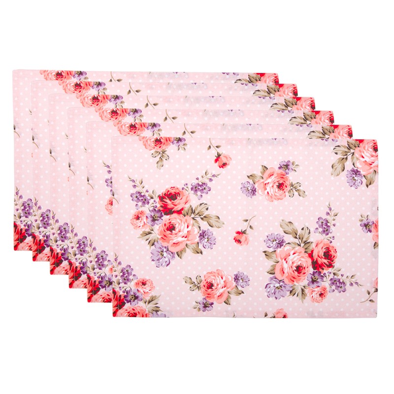 Clayre & Eef Placemats Set of 6 48x33 cm Pink Purple Cotton Rectangle Roses