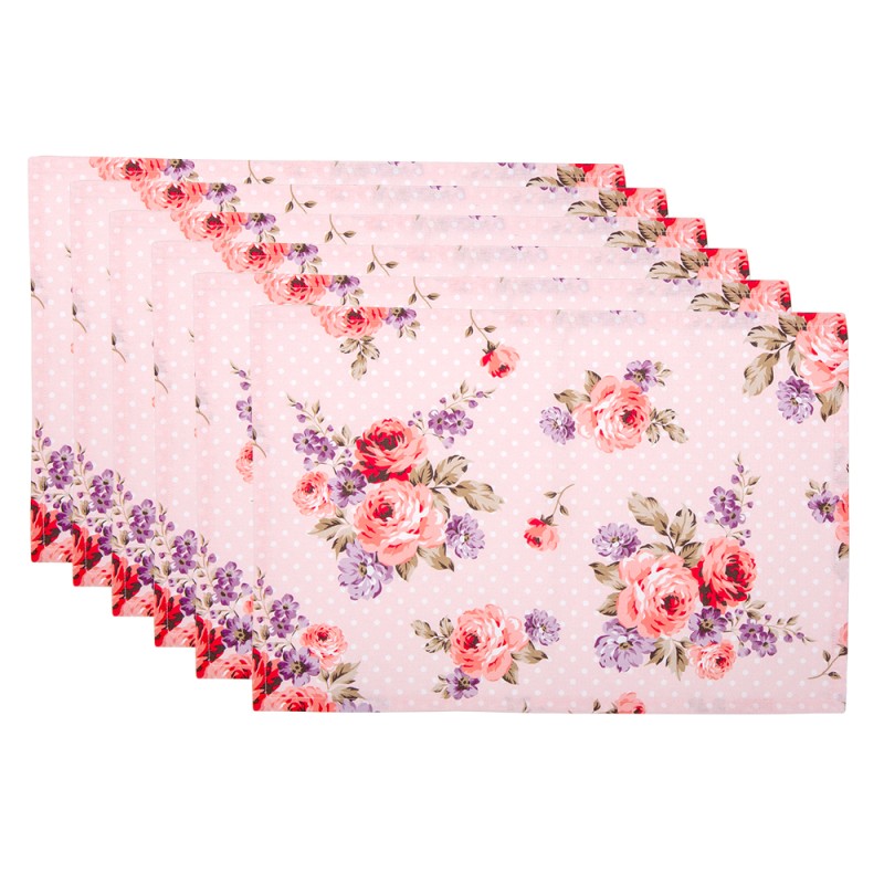 Clayre & Eef Tischsets 6er Set 48x33 cm Rosa Violett Baumwolle Rechteck Rosen