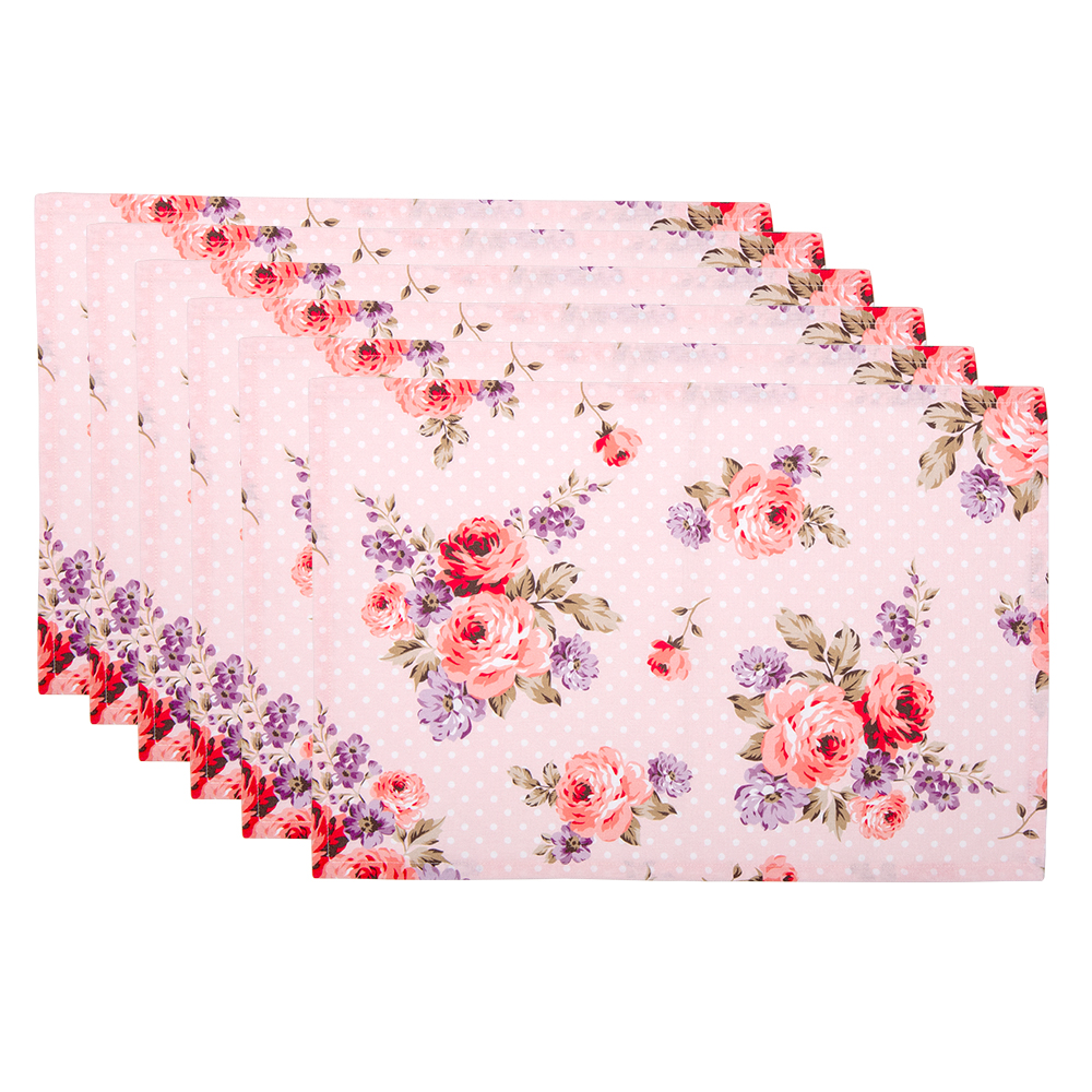 Clayre&Eef Placemats Set van 6 48x33 cm Roze Paars Katoen Rozen afbeelding