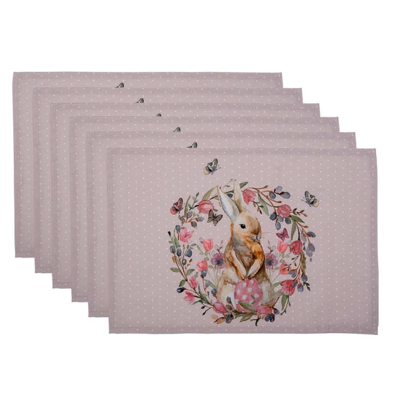 Clayre & Eef Placemats Set van 6  48x33 cm Wit Roze Katoen Rechthoek Konijn Bloemen