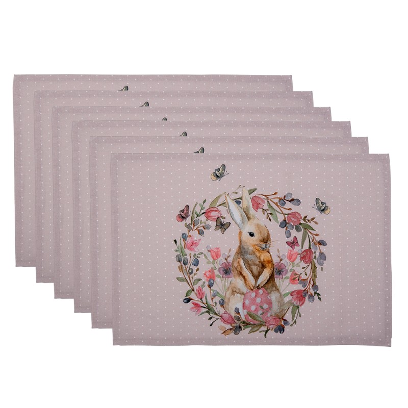 Clayre & Eef Placemats Set of 6 48x33 cm White Pink Cotton Rectangle Rabbit Flowers