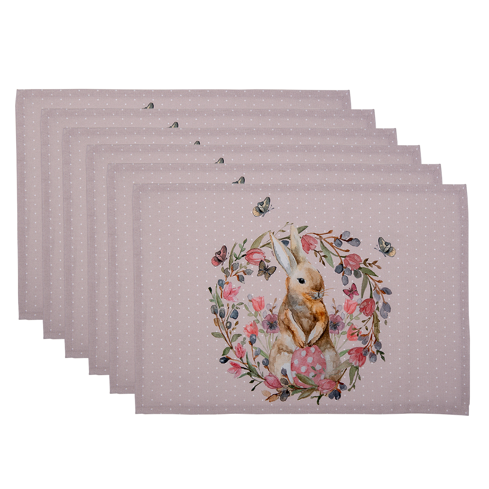 Clayre&Eef Placemats Set van 6 48x33 cm Wit Roze Katoen Konijn Bloemen afbeelding