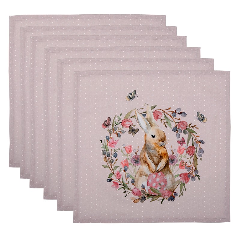 Clayre & Eef Napkins Cotton Set of 6 40x40 cm Beige Pink Cotton Square Rabbit Flowers