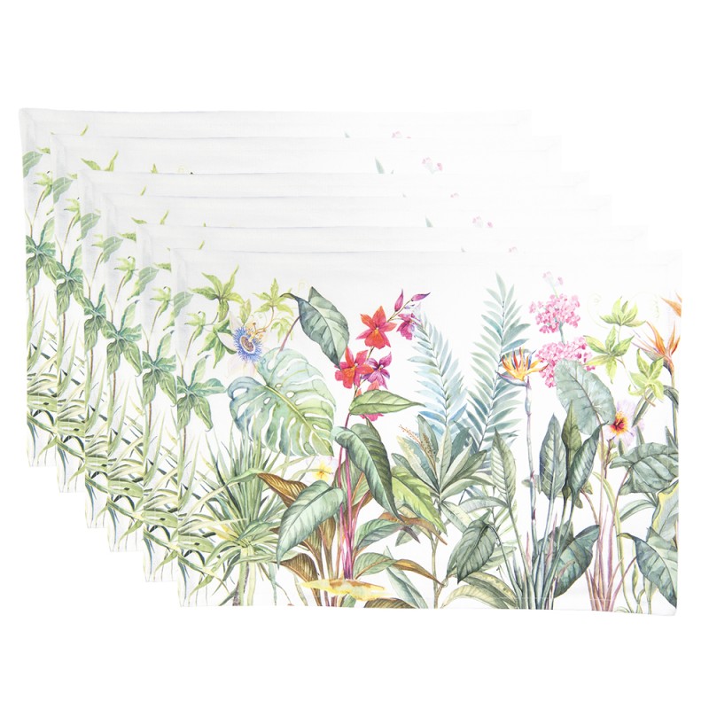 Clayre & Eef Placemats Set van 6  48x33 cm Wit Groen Katoen Rechthoek Jungle Botanics