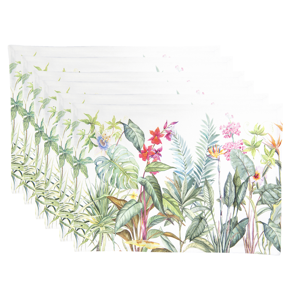 Clayre&Eef Placemats Set van 6 48x33 cm Wit Groen Katoen Jungle Botanics afbeelding