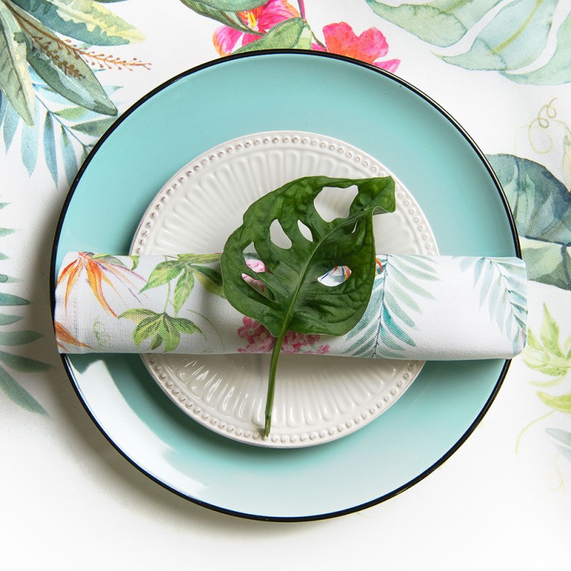 Clayre & Eef Sets de table set de 6 48x33 cm Blanc Vert Coton Rectangle Botanique jungle
