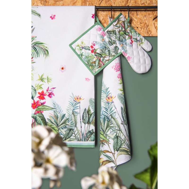 Clayre & Eef Placemats Set van 6  48x33 cm Wit Groen Katoen Rechthoek Jungle Botanics