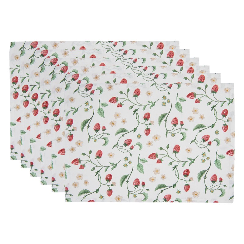 Clayre & Eef Placemats Set van 6  48x33 cm Wit Rood Katoen Rechthoek Aardbeien