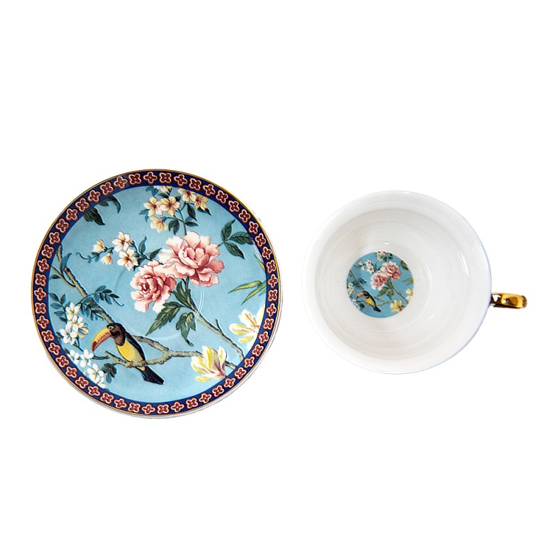Clayre & Eef Cup and Saucer 200 ml Blue Gold colored Porcelain Birds