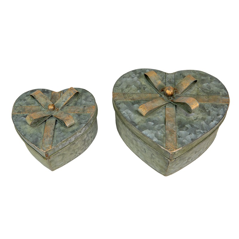 Clayre & Eef Storage Box Set of 2 Grey Metal Heart-Shaped