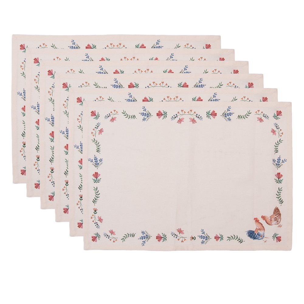 Clayre&Eef Placemats Set van 6 50x35 cm Beige Blauw Katoen Kip en Haan afbeelding