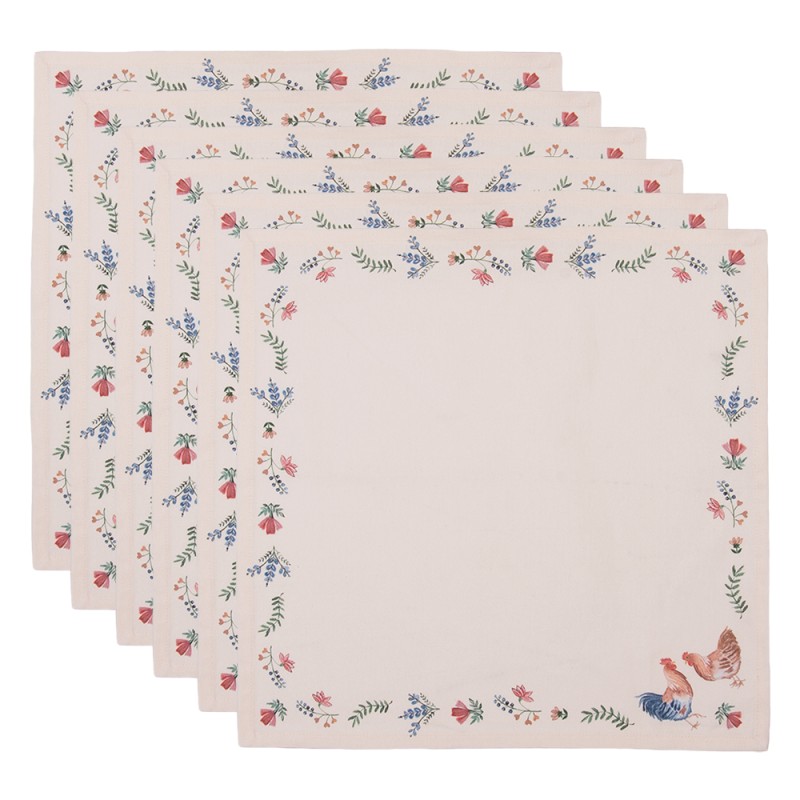 Clayre & Eef Napkins Cotton Set of 6 40x40 cm Beige Blue Cotton Square Chicken and Rooster