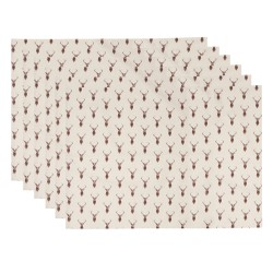 Clayre & Eef Placemats Set van 6  48x33 cm Beige Rood Katoen Rechthoek Hert