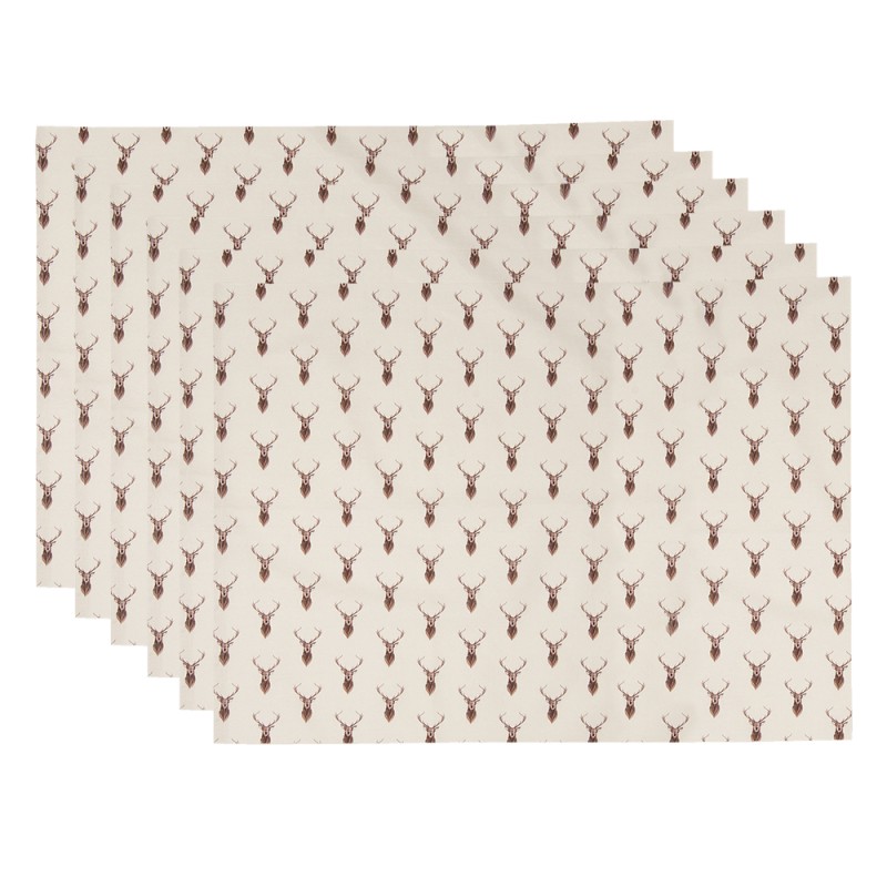 Clayre & Eef Placemats Set van 6  48x33 cm Beige Rood Katoen Rechthoek Hert