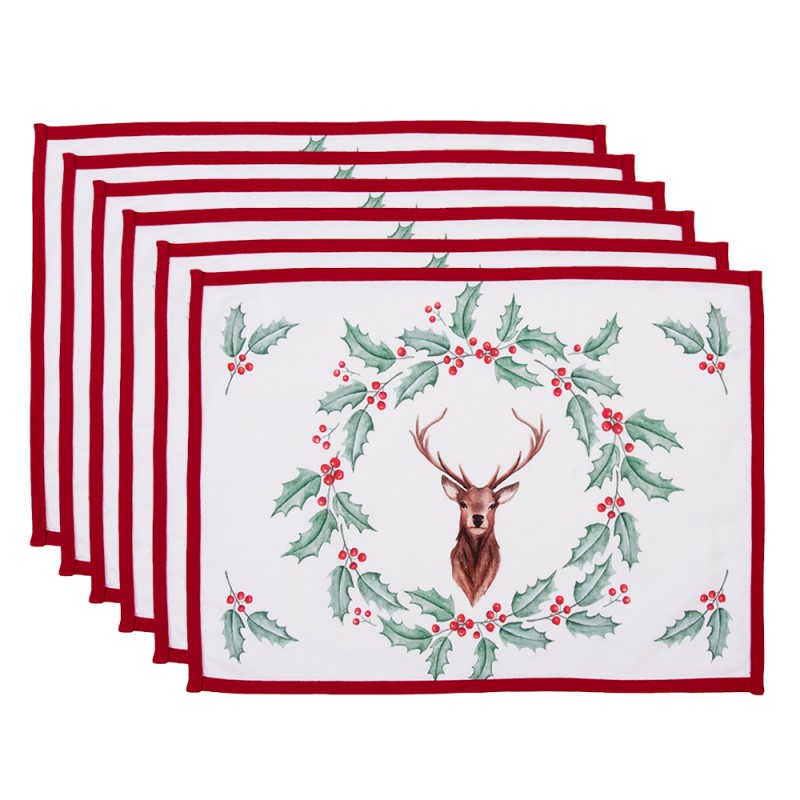 Clayre & Eef Placemats Set of 6 48x33 cm White Red Cotton Rectangle Deer Holly Leaves