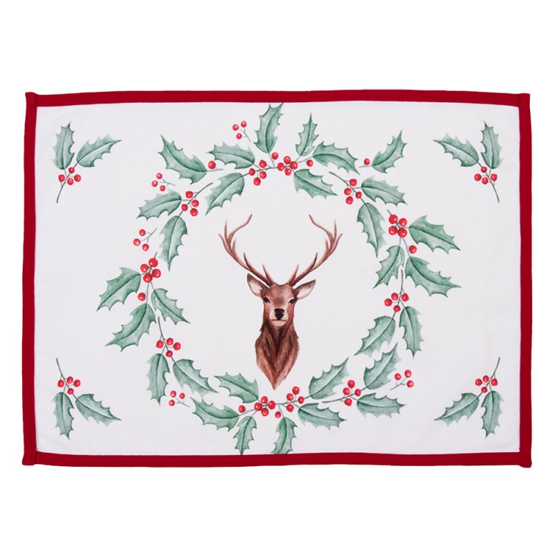 Clayre & Eef Placemats Set of 6 48x33 cm White Red Cotton Rectangle Deer Holly Leaves