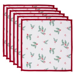 Clayre & Eef Serviettes Coton set de 6 40x40 cm Blanc Rouge Coton Carré Feuilles de houx