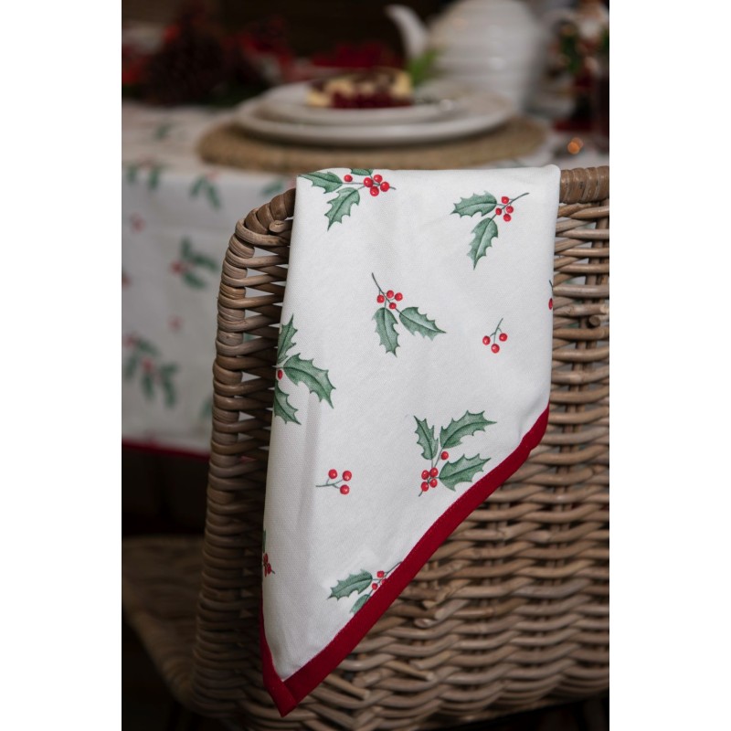 Clayre & Eef Napkins Cotton Set of 6 40x40 cm White Red Cotton Square Holly Leaves