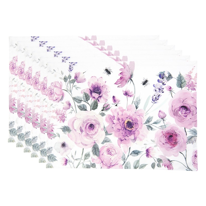 Clayre & Eef Placemats Set of 6 48x33 cm White Purple Cotton Rectangle Roses