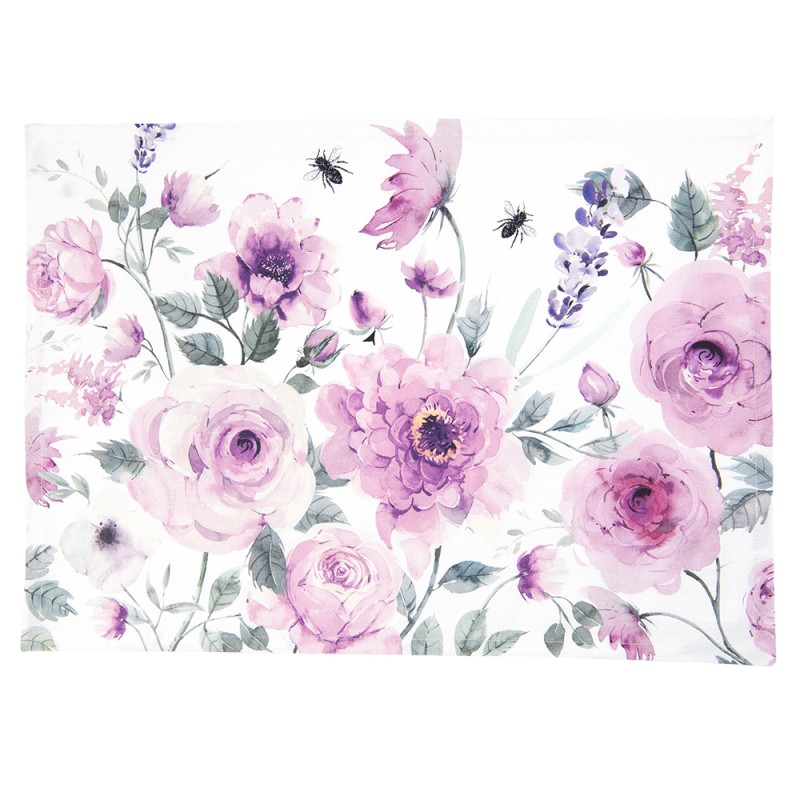 Clayre & Eef Tischsets 6er Set 48x33 cm Weiß Violett Baumwolle Rechteck Rosen