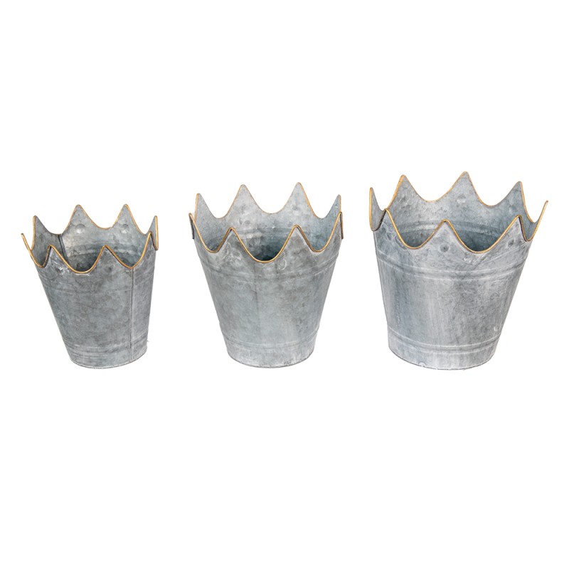 Clayre & Eef Planter Set of 3 Ø 29 Ø 26 Ø 22 cm Grey Metal Crown