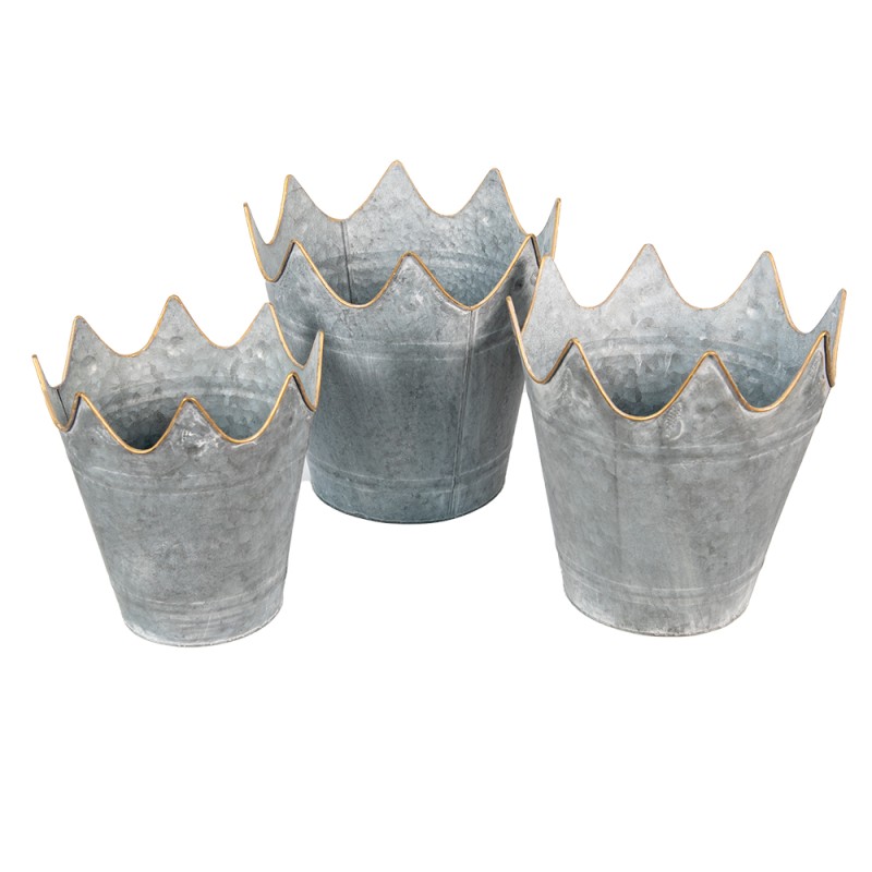 Clayre & Eef Fioriera set di 3 Ø 29 Ø 26 Ø 22 cm Grigio Metallo Corona