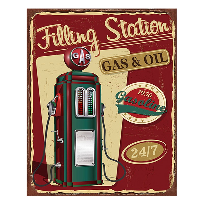 Clayre & Eef Text Sign 20x25 cm Red Iron Petrol Pump