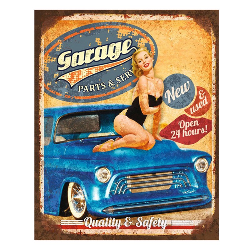 Clayre & Eef Plaque de texte 20x25 cm Bleu Fer Voiture Garage