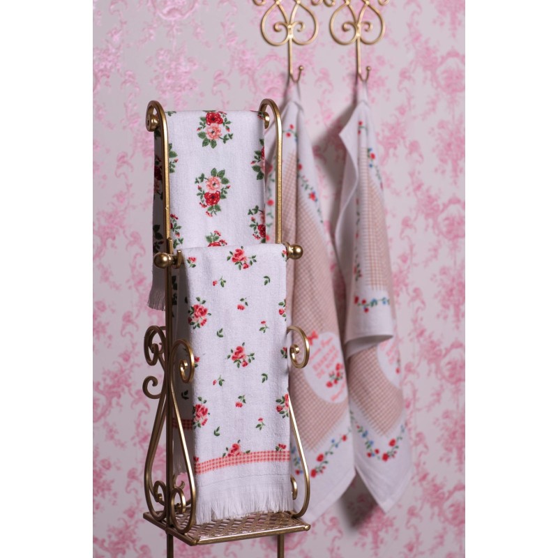 Clayre & Eef Guest Towel 40x66 cm White Pink Cotton Roses