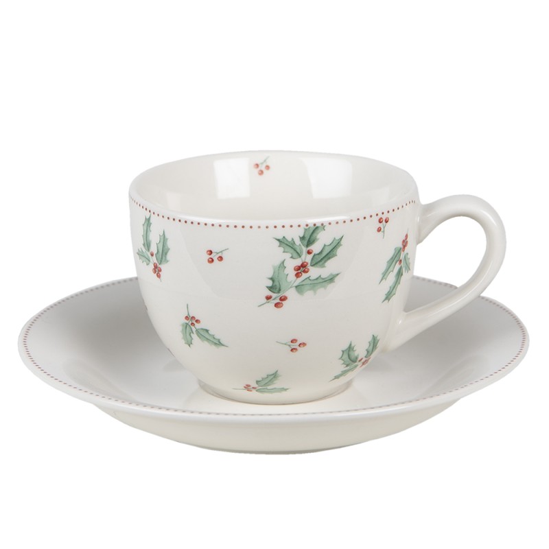 Clayre & Eef Cup and Saucer 200 ml Beige Green Ceramic Holly Leaves