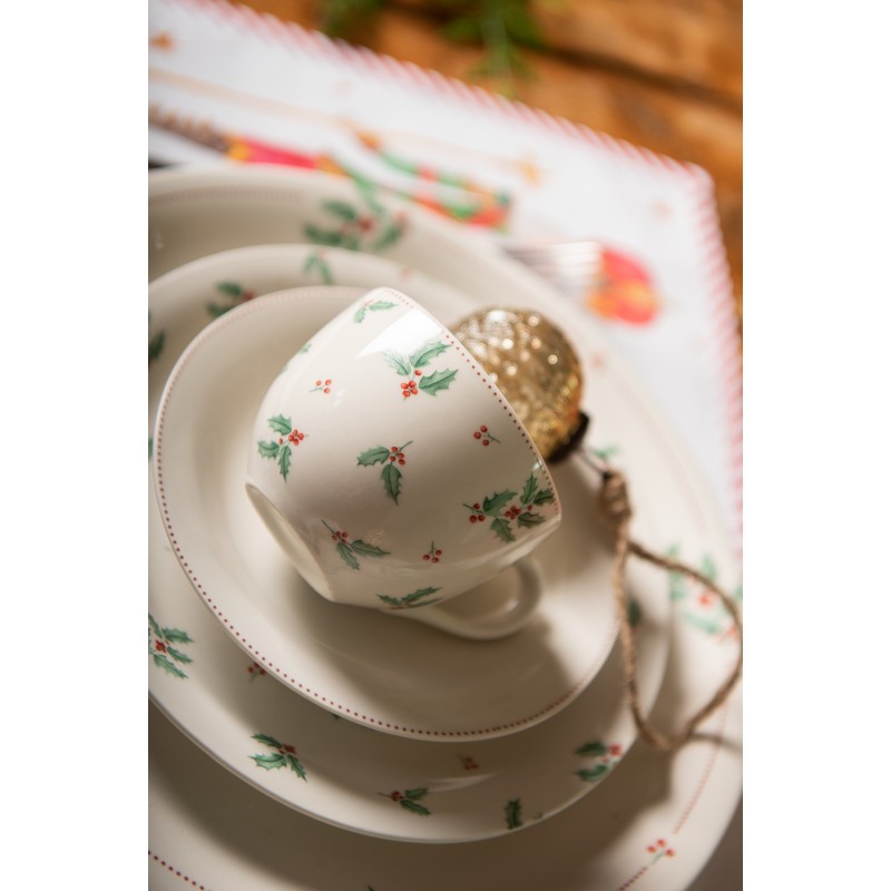 Clayre & Eef Cup and Saucer 200 ml Beige Green Ceramic Holly Leaves