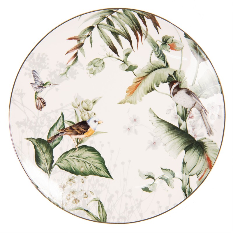 Clayre & Eef Assiette de petit déjeuner Ø 20 cm Blanc Vert Porcelaine Rond Oiseaux