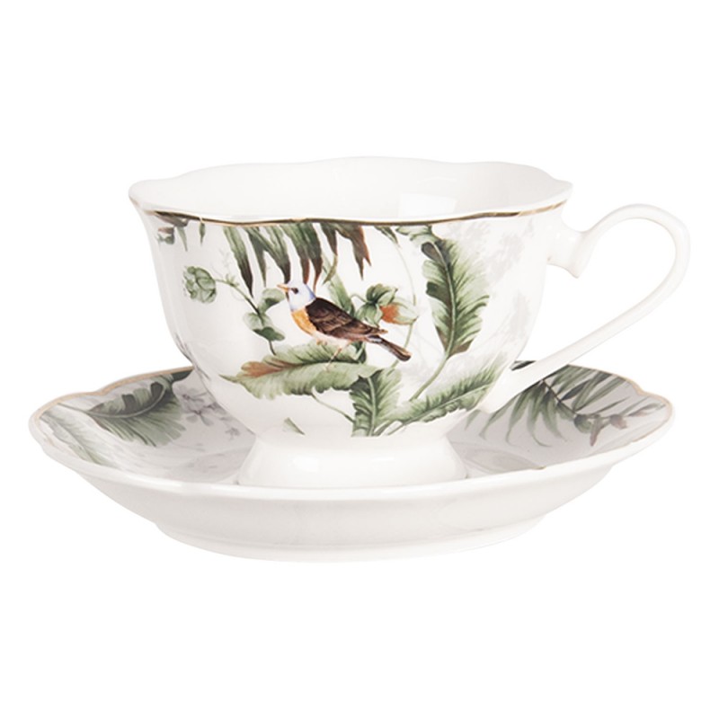 Clayre & Eef Cup and Saucer 220 ml White Green Porcelain Birds