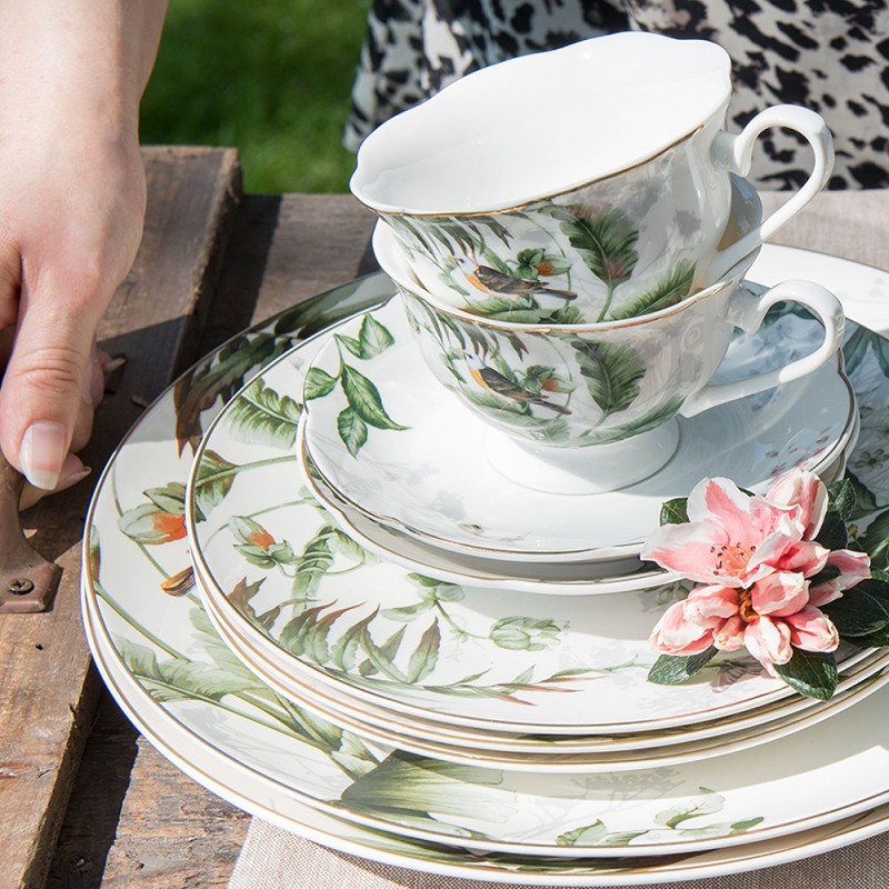 Clayre & Eef Tasse mit Untertasse 220 ml Weiß Grün Porzellan Vögel