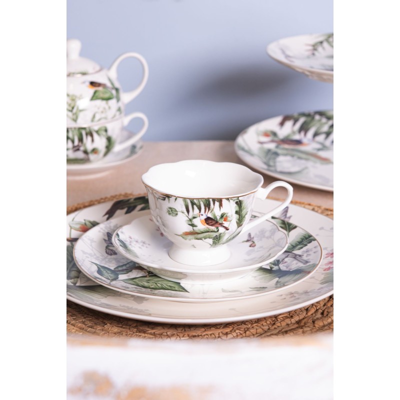 Clayre & Eef Tasse et soucoupe 220 ml Blanc Vert Porcelaine Oiseaux