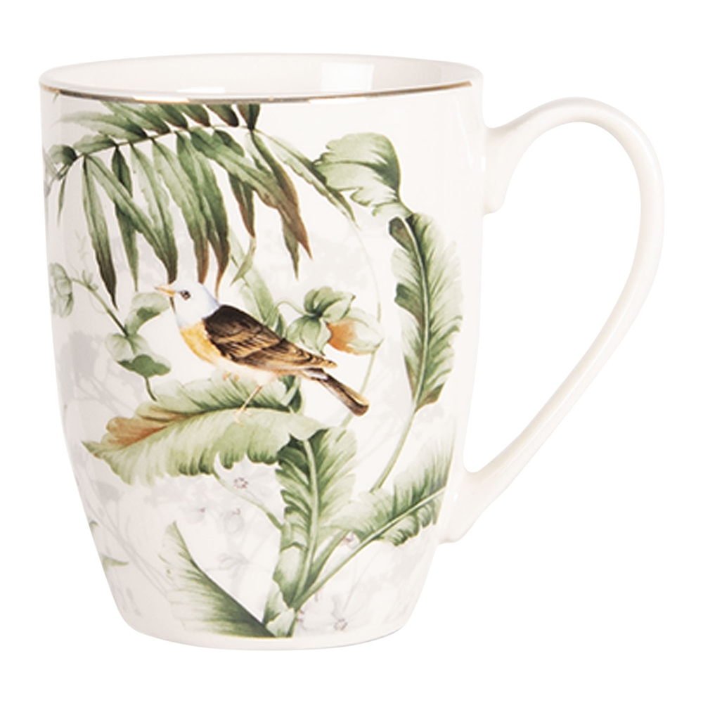 Clayre & Eef Mok 360 ml Wit Groen Porselein Rond Vogels Theemok - Clayre & Eef Mok 360 ml Wit Groen Porselein Rond Vogels Theemok -