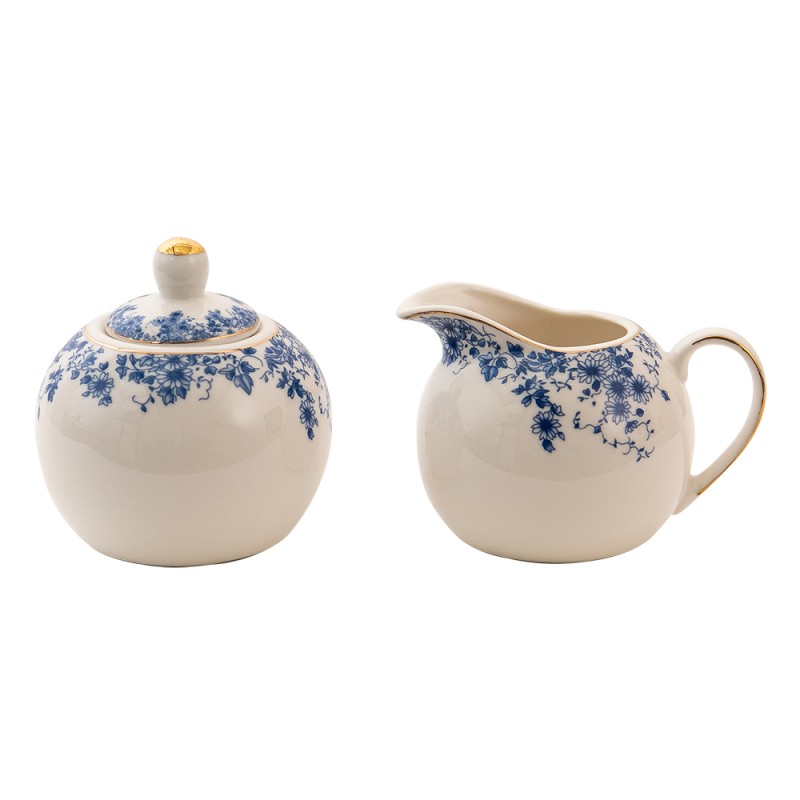 Clayre & Eef Melk en Suiker Set  Blauw Porselein Bloemen