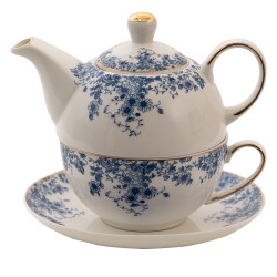 Clayre & Eef Tea for One  400 ml Blauw Porselein Bloemen