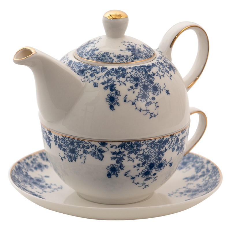 Clayre & Eef Tea for One  400 ml Blauw Porselein Bloemen