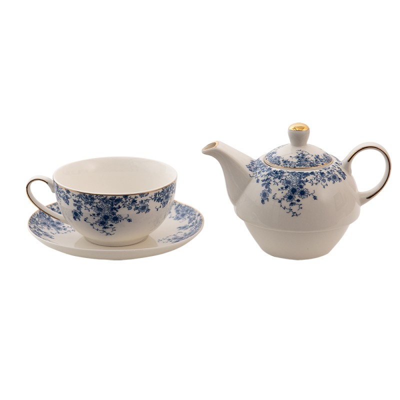 Clayre & Eef Tea for One  400 ml Blauw Porselein Bloemen