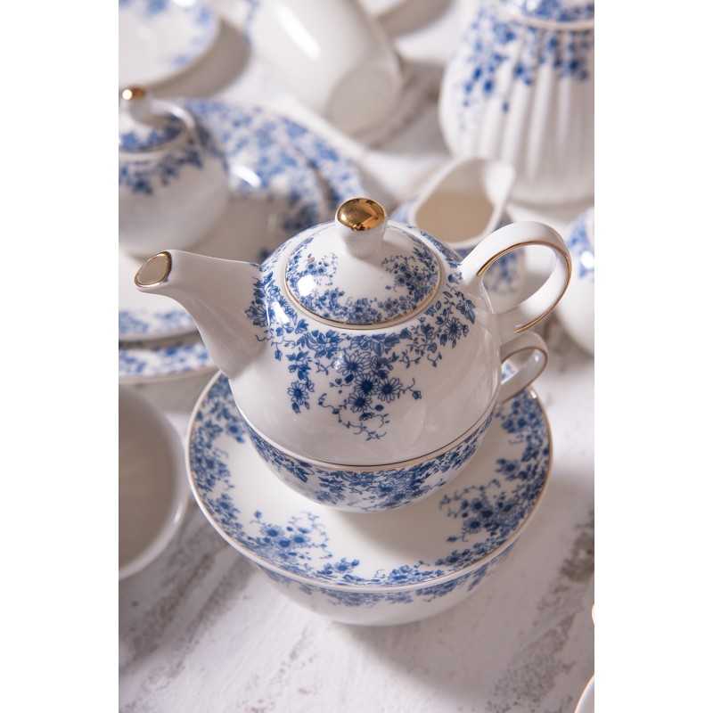 Clayre & Eef Tea for One  400 ml Blauw Porselein Bloemen