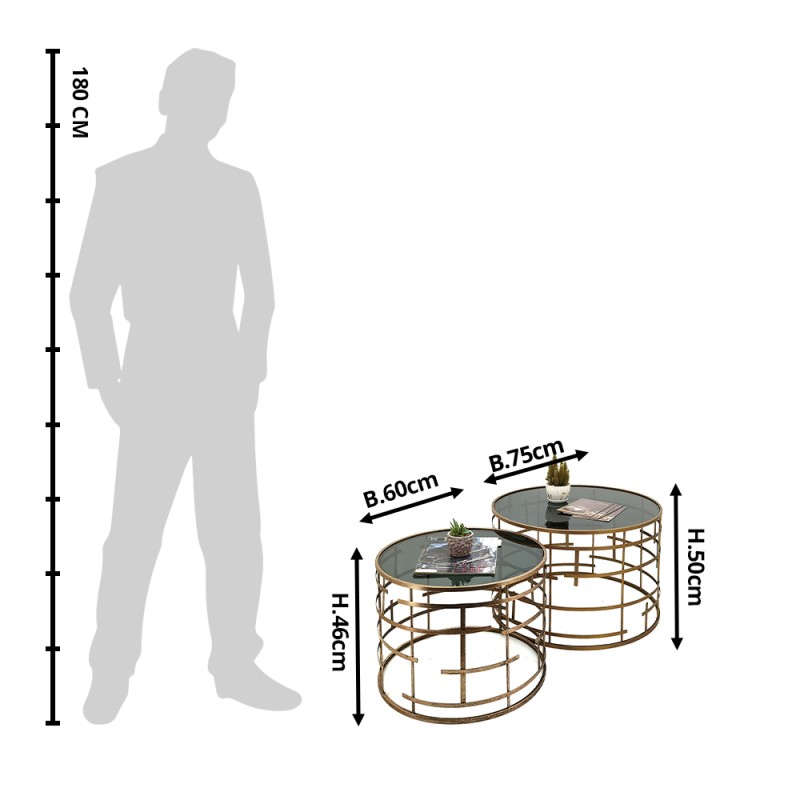 Clayre & Eef Bijzettafel Set van 2  Ø 75 / Ø 60 cm Goudkleurig Metaal Glas Rond